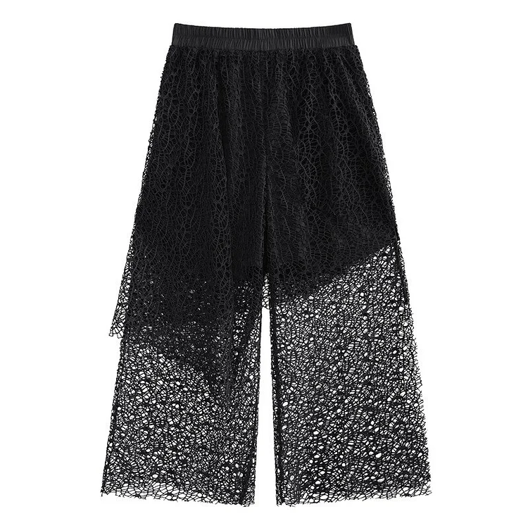 Art Asymmetric Hollow Out Perspective Mesh Double Layer Patchwork Pants