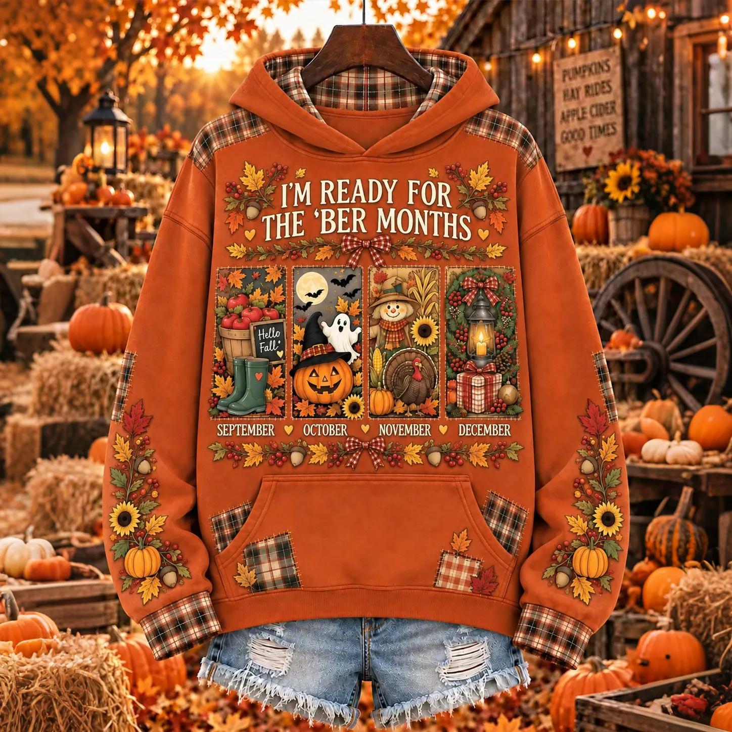 Comstylish Women's I'm Ready For The Ber Months Fall Pumpkin Turkey Snowman Print Pocket Hoodie