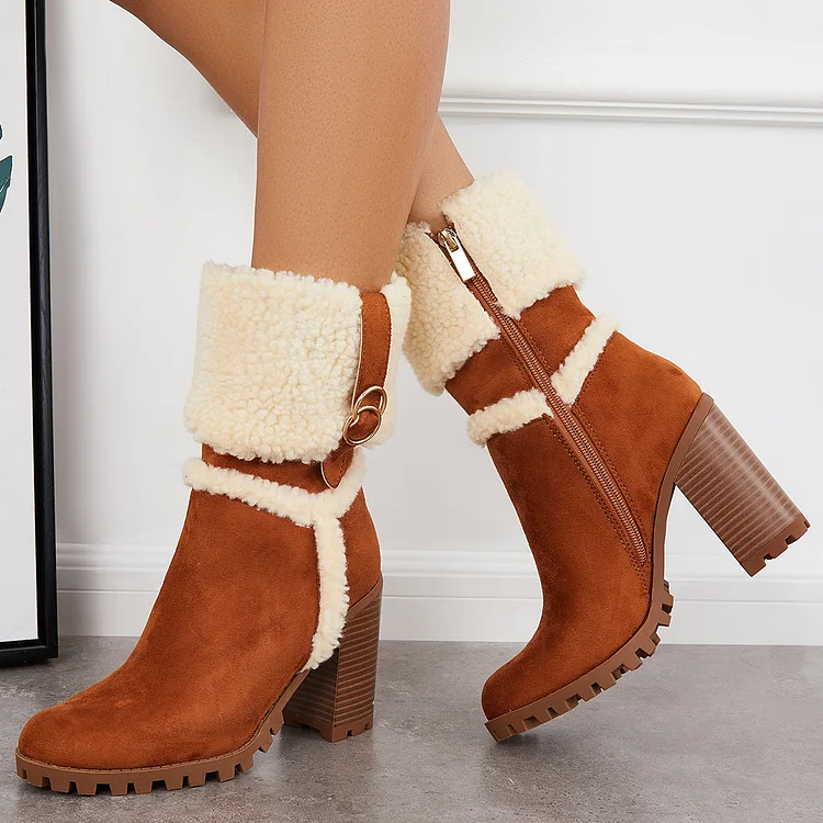 Fur Lined Ankle Snow Boots Side Zipper Chunky Heel Booties