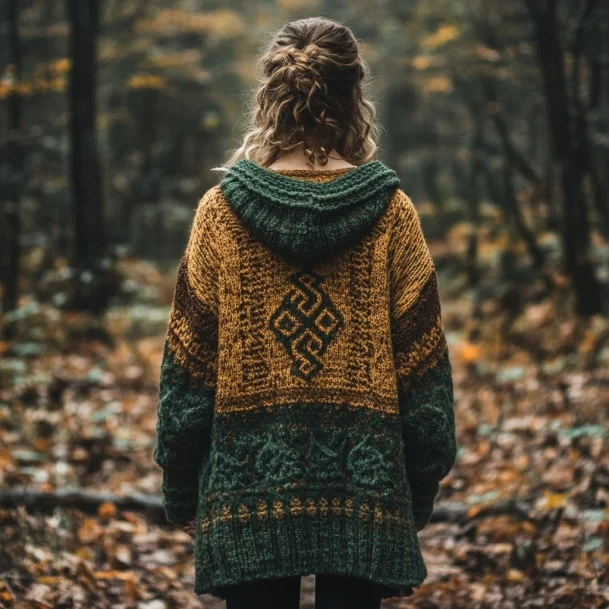 Irish Vintage Jacquard Contrast Hooded Sweater Cardigan