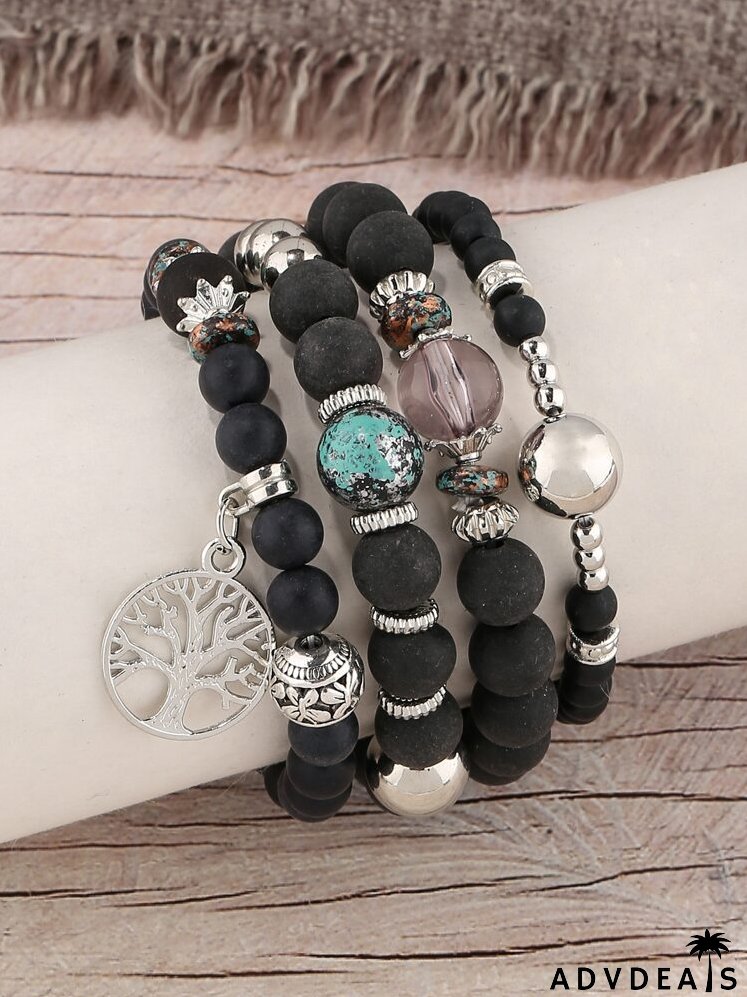 4pcs Tree Detail Round Charm Beaded Bracelet