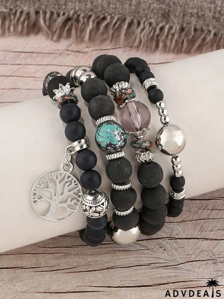 4pcs Tree Detail Round Charm Beaded Bracelet