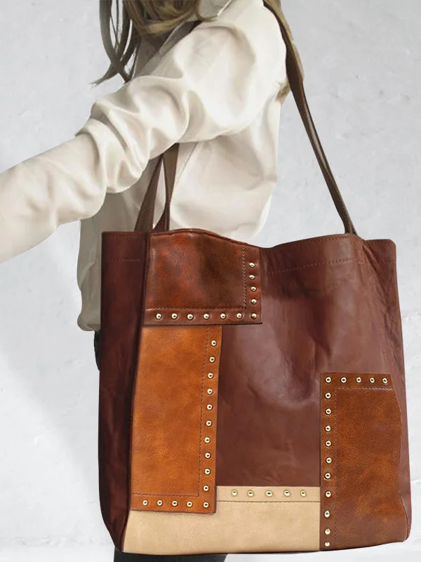 Vintage Studded Patchwork Tote Bag