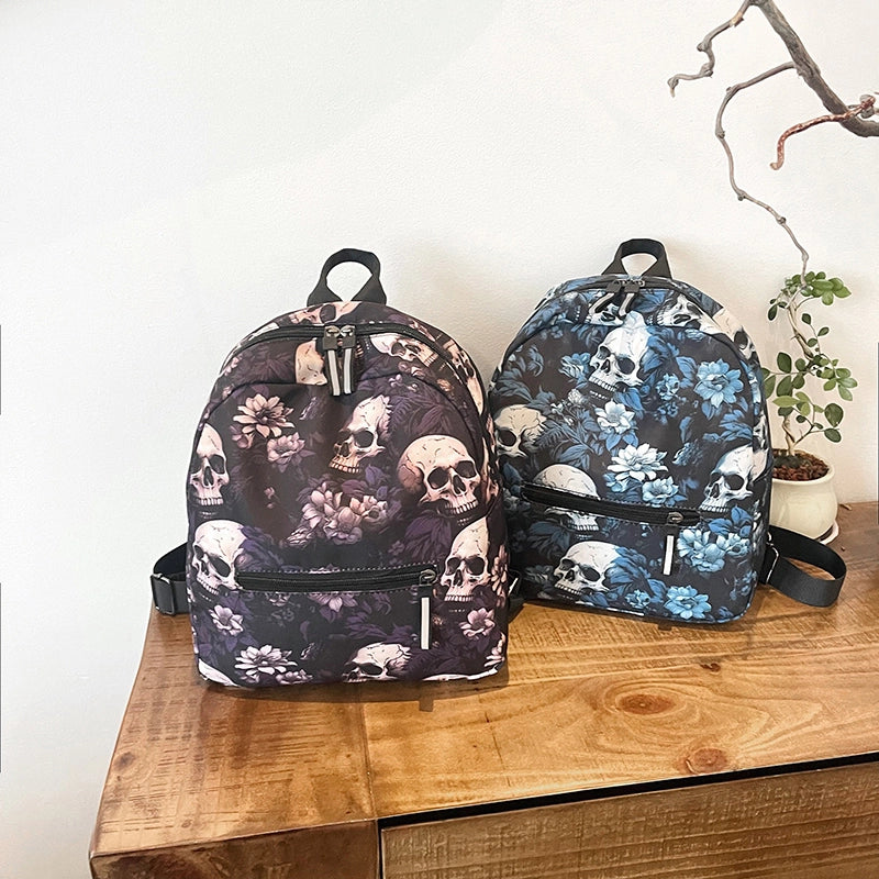 Halloween Women's Nylon Flower Skull Streetwear Square Zipper Fashion Backpack