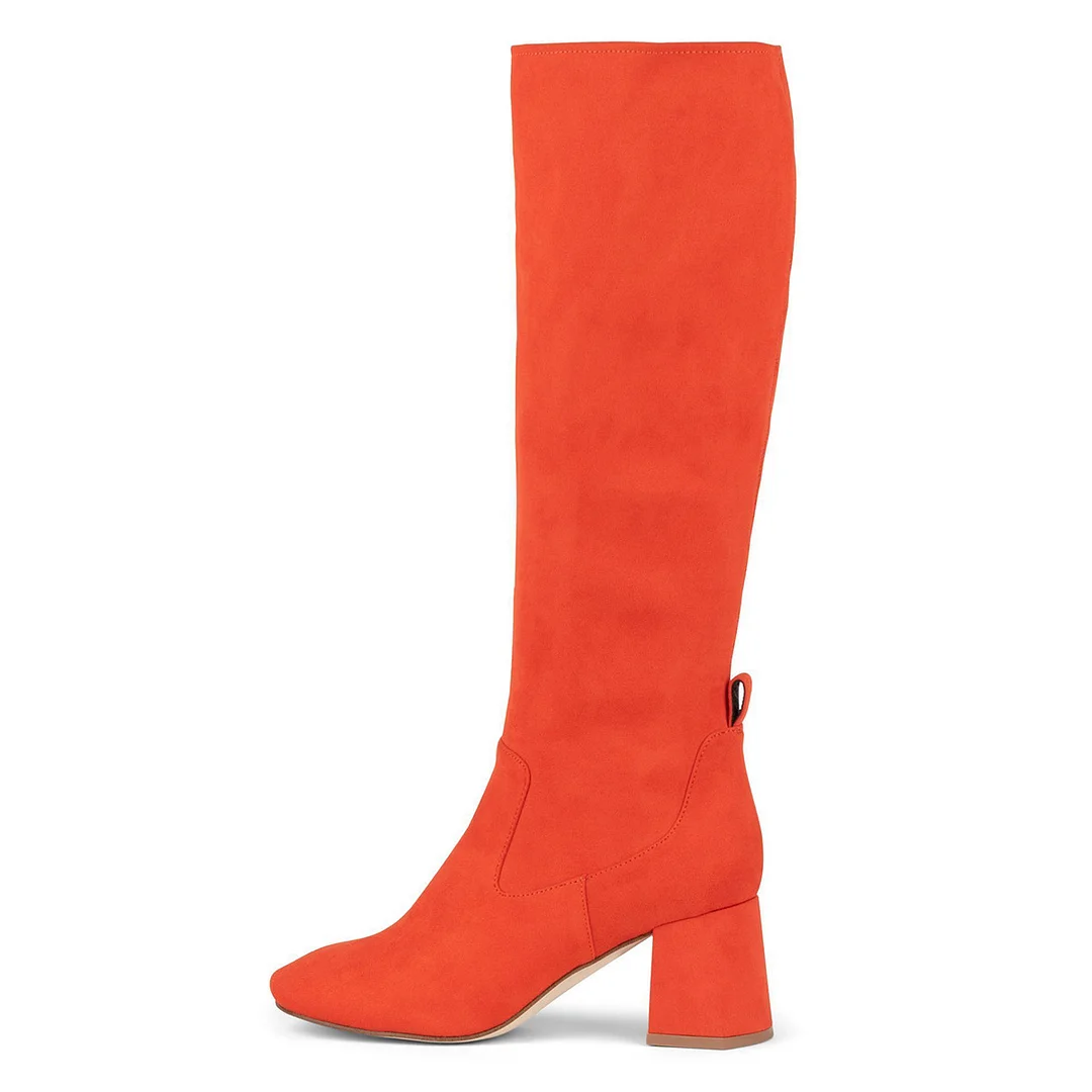 Vegan Suede Chunky Heel Round Toe Zipper Knee High Boots in Orange