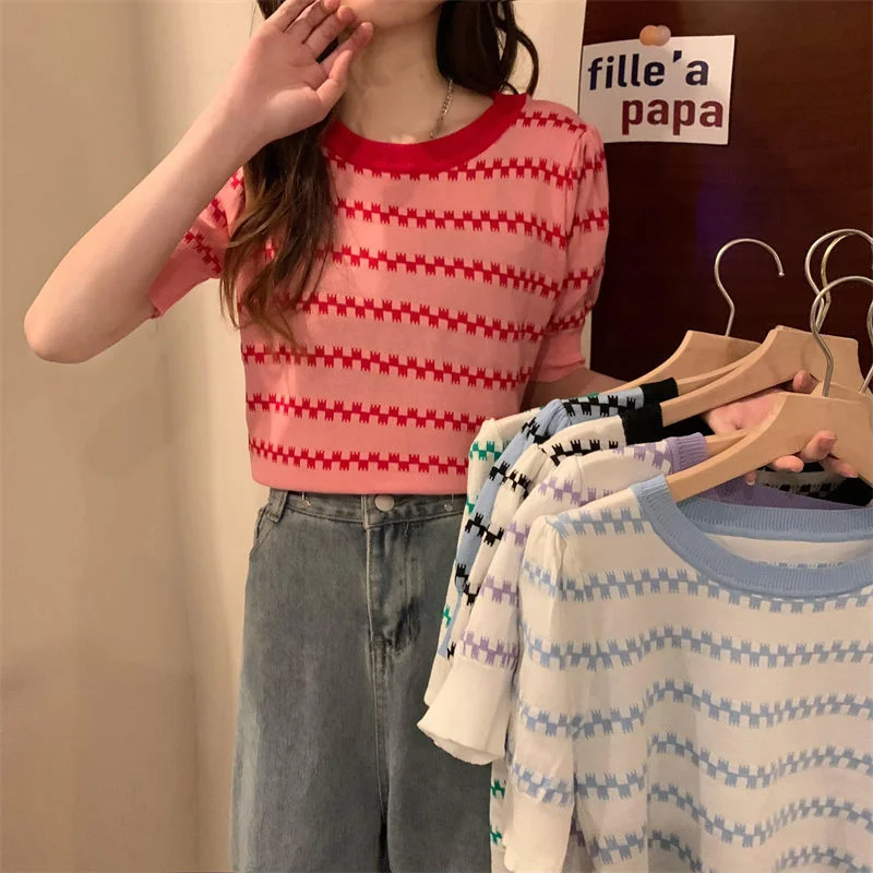 Uveng Uveng Ice Silk Striped Knitted Short-Sleeved T-Shirt For Women's 2023 Summer New High-Waisted Loose Bubble Sleeve Short Blouse