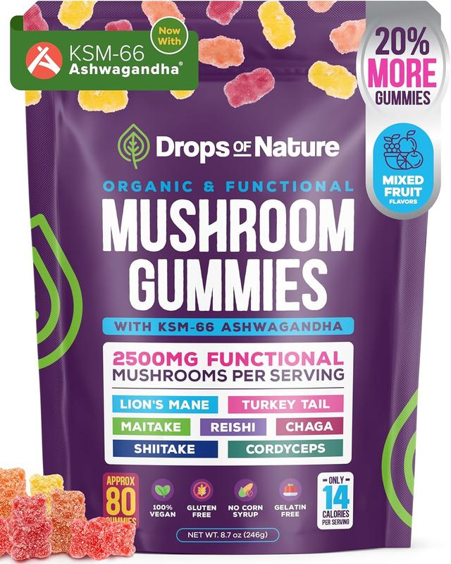 Drops Of Nature Ashwagandha KSM-66, Reishi, Lions Mane, Shiitake, Cordyceps, Turkey Tail, Maitake, Chaga Supplement Gummies - Mixed Fruits, 80 Gummies-q