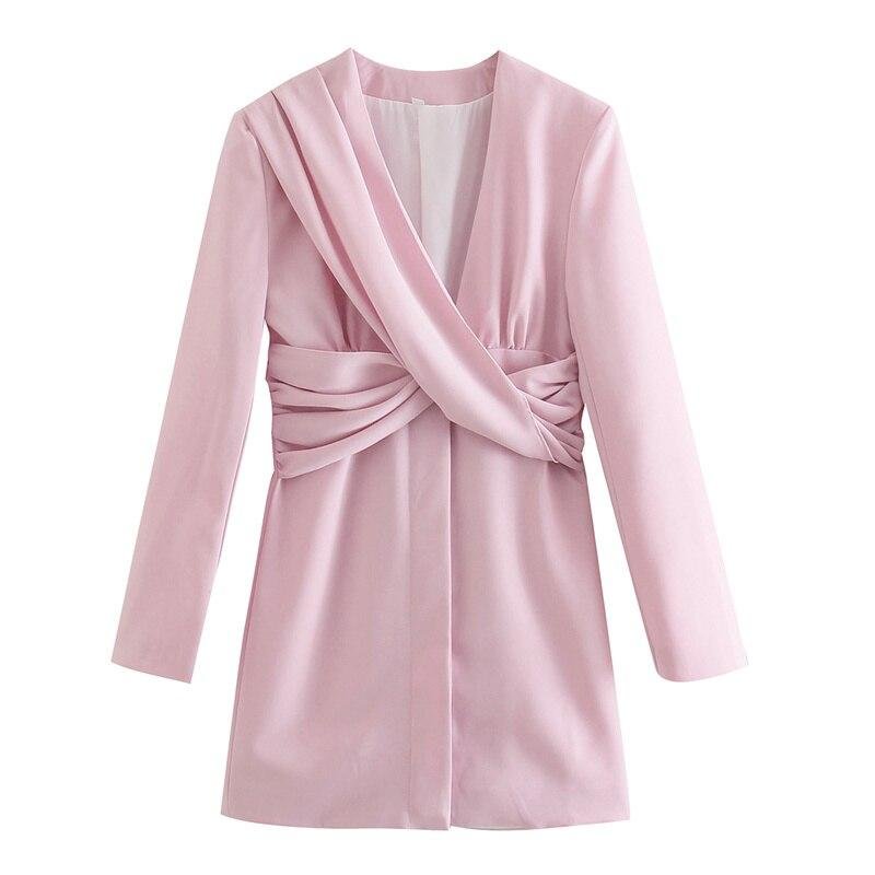 PUWD Casual Woman Pink Slim Tie Mini Dress 2021 Spring Elegant Female V Neck Short Dresses Ladies Sweet Long Sleeve Dress