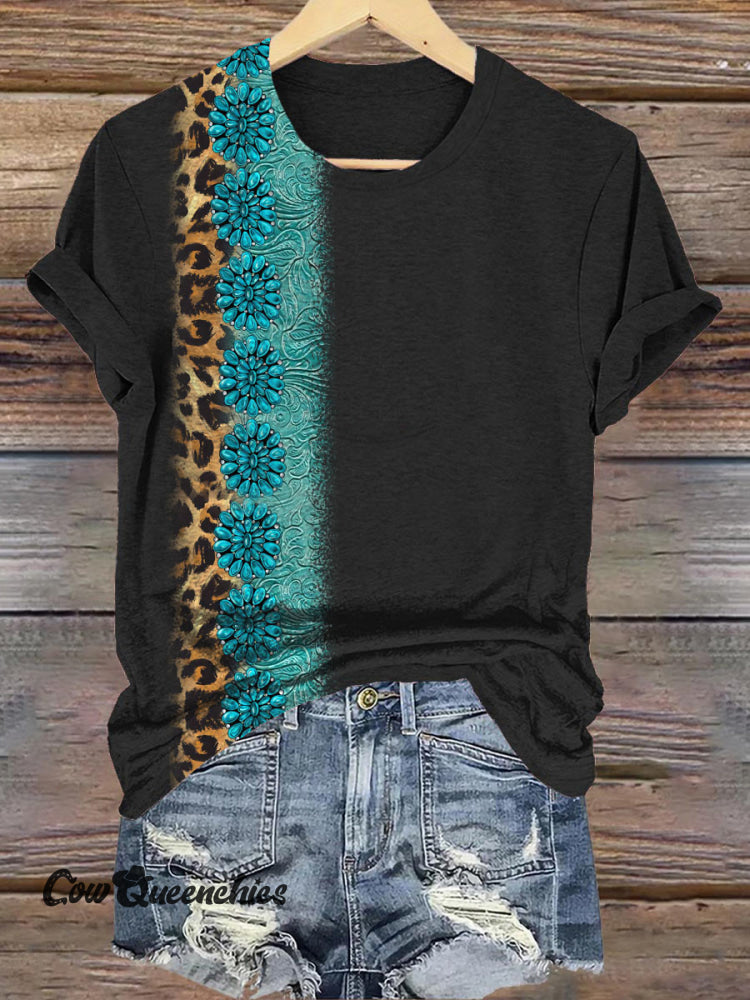 Simple Turquoise Leopard Print Round Neck T-Shirt Black / S