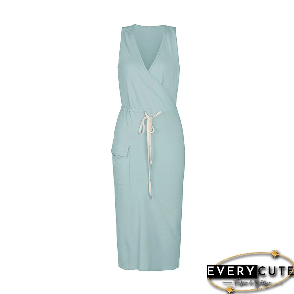 Light Green V Neck Knit Pocketed Casual Dress