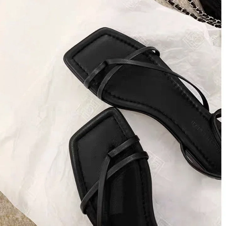 Churchf Churchf New Holiday Style Korean Square Head Cross Strap Roman Sandals Toe Blue Flat Sandals