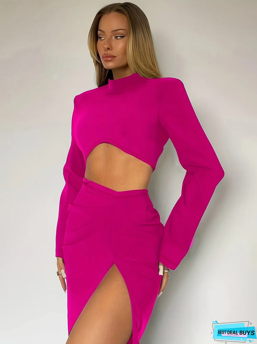 Sexy Solid Slim Two-piece Skirt Set Crop Mock-neck Top High-Split Pleated-Outfits