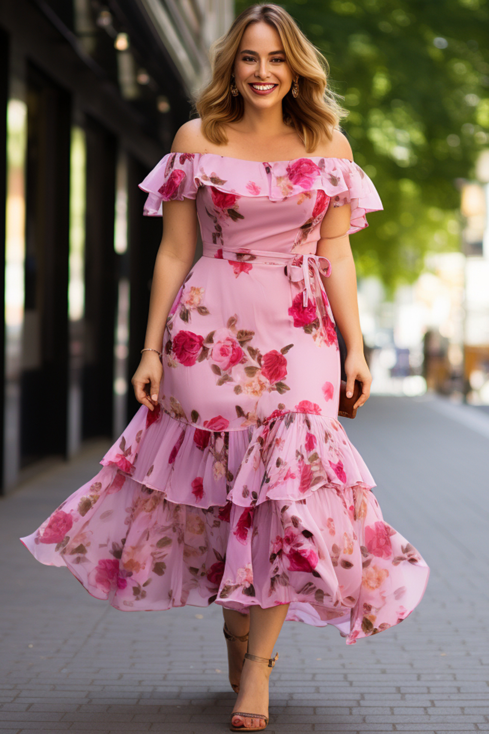 Flycurvy Plus Size Everyday Pink Chiffon Off The Shoulder Ruffled Floral Maxi Dress