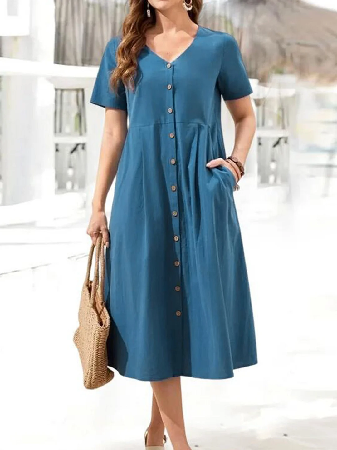 Women plus size clothing Women's Solid Color V-neck Cotton linen Short Sleeved Maxi Dress-Nordswear