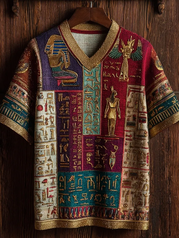 Vintage Ancient Egyptian Embroidered Colorblock Linen Shirt