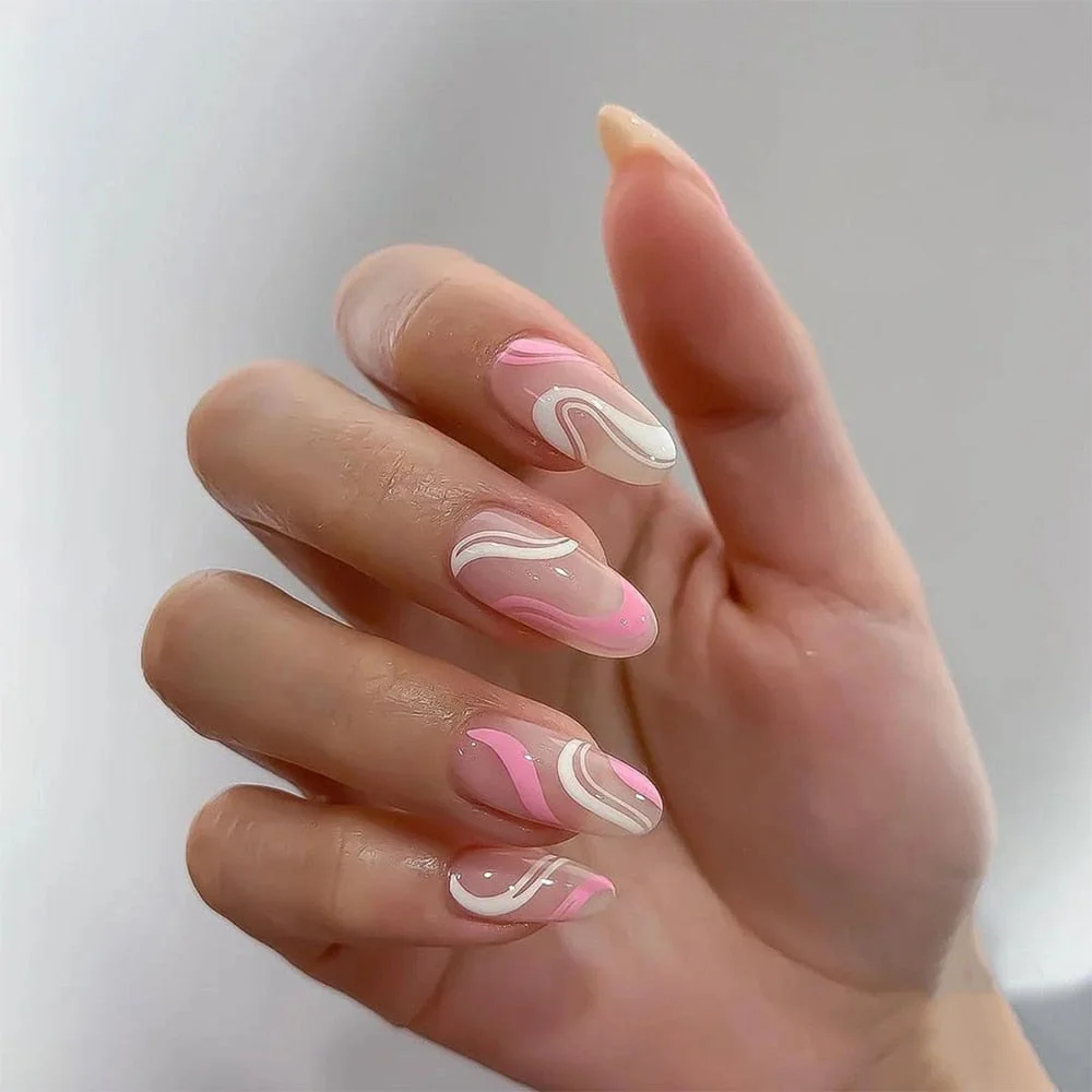 24Pcs/Box Detachable Almond Pink And White False Nails Wavy Style Stiletto Fake Nails Ballerina Coffin Full Cover Manicure Tool