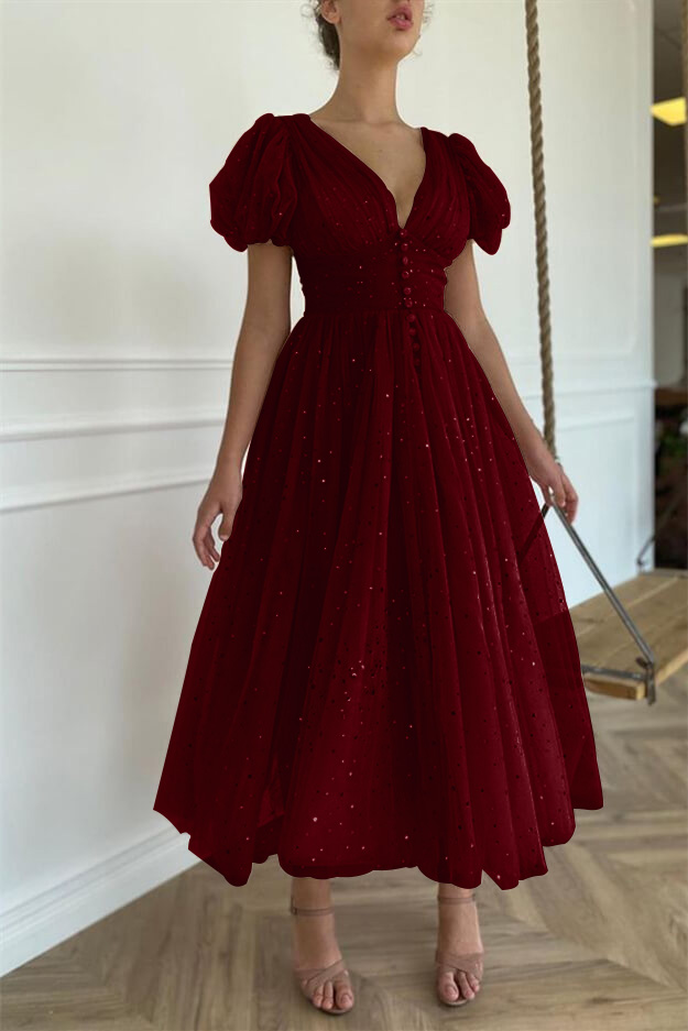 Miabel Elegant Pink V-Neck Short Sleeves Prom Dress With Sequins Taupe