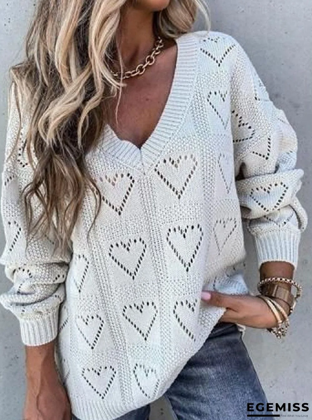 Fashion V-Neck Hollow Casual Long-Sleeved Sweater | EGEMISS
