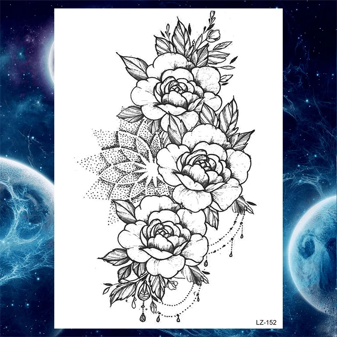 Large 3D Rose Flower Temporary Tattoos For Women Men Adults Death Skull Tattoo Sticker Peony Dahlia Black Fake Tatoos Forearm