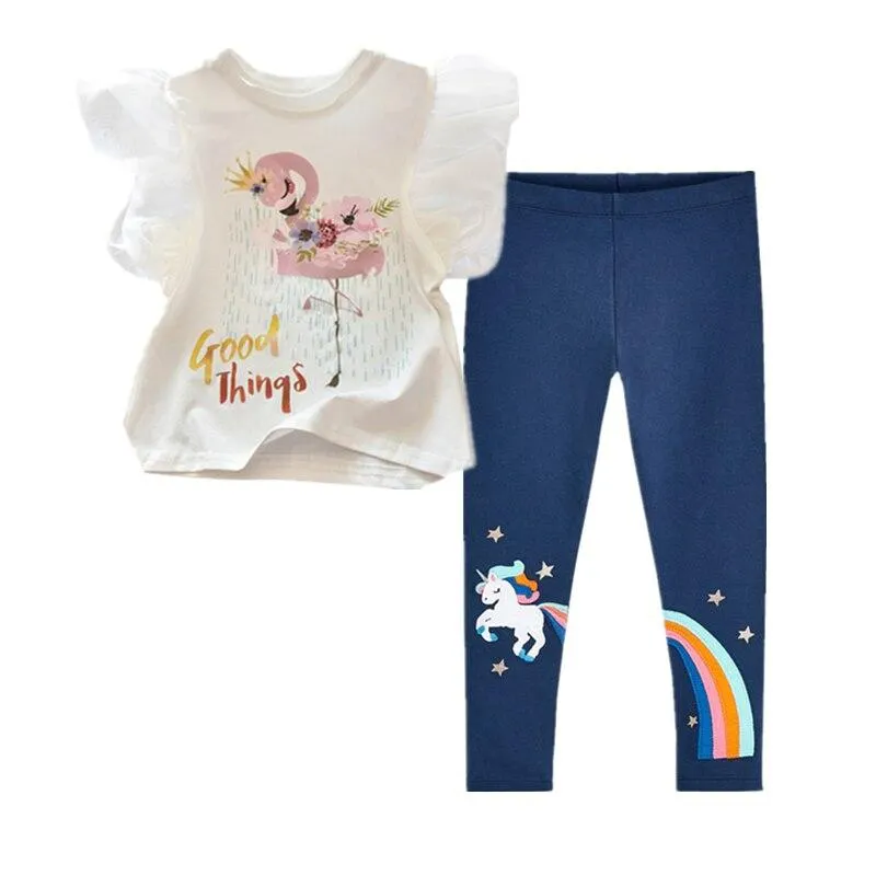 Two Pieces Kids Children Girls Clothes Set Little Girl Summer Cartoon Print T Shirt and Pants Leggings Outfits Clothing 2pcs