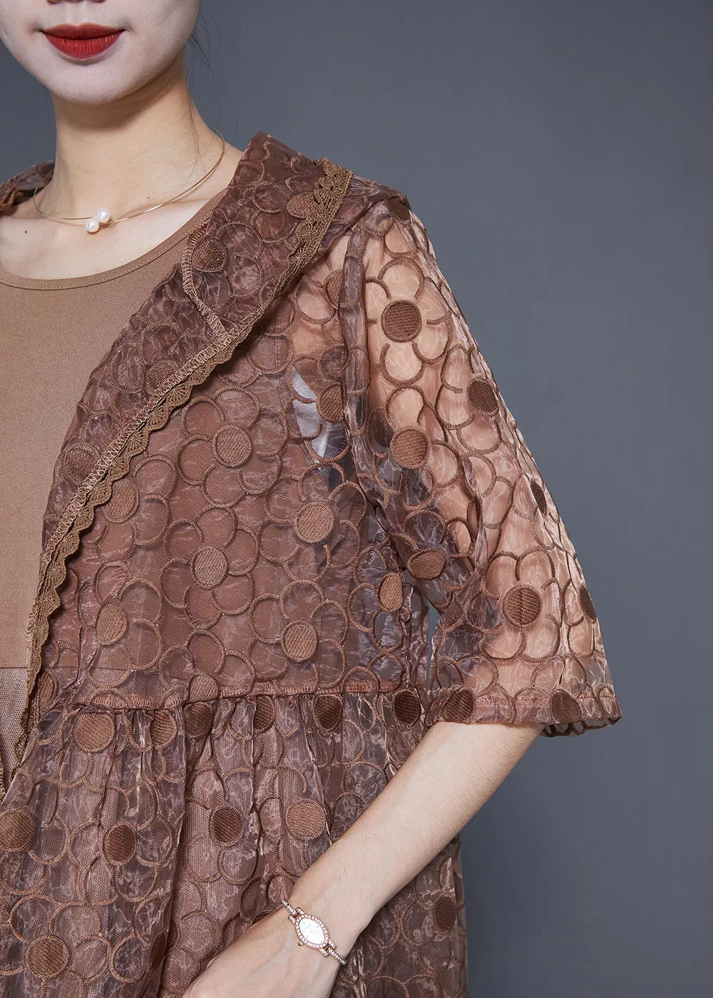 French Khaki Hooded Embroideried Tulle Two Pieces Set Summer