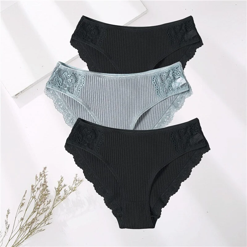 FINETOO 3PCS/Set M-XXL Cotton Underwear Women's Panties Comfort Underpants Floral Lace Briefs For Woman Sexy Low-Rise Intimates
