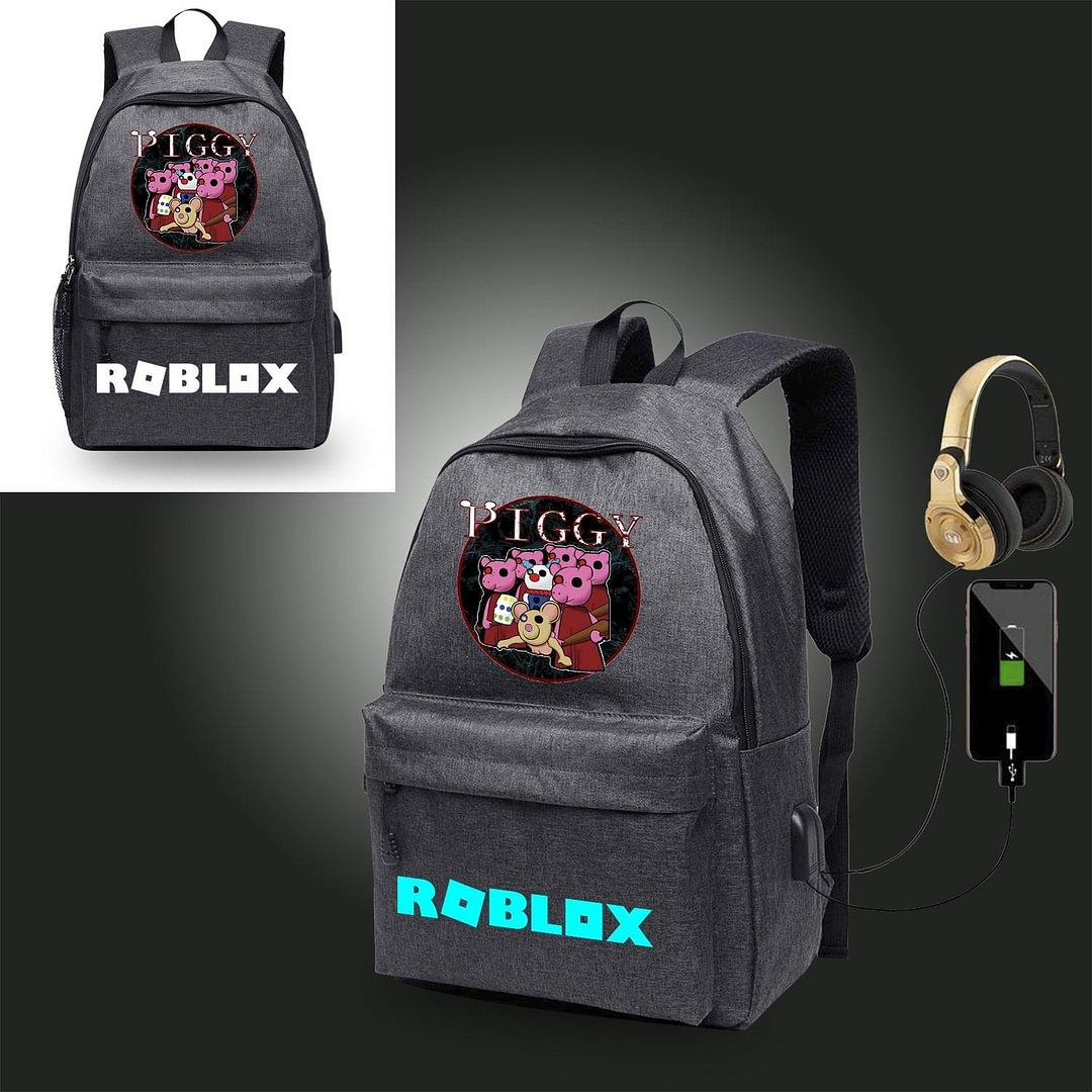 Roblox Piggy Black Backpack with USB Charging Port Bag 17 inch for School Glow in Dark