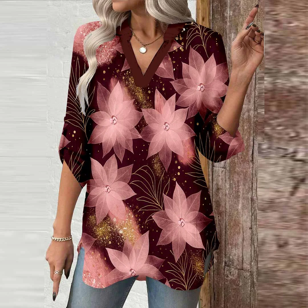 Women Floral, Wine Red, Red DZGA0652 3/4 Sleeve V-neck Printed Graphic Button Tops