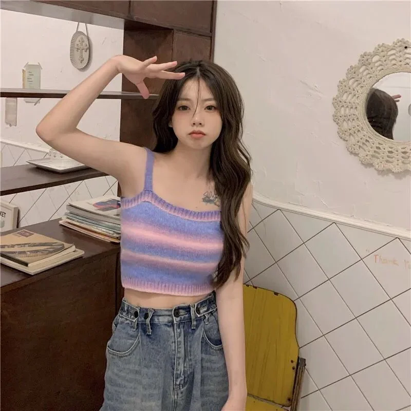 Uveng Uveng Striped Knitted Jab Sling Vest Summer Bottom New Slimming Wearing Short Top