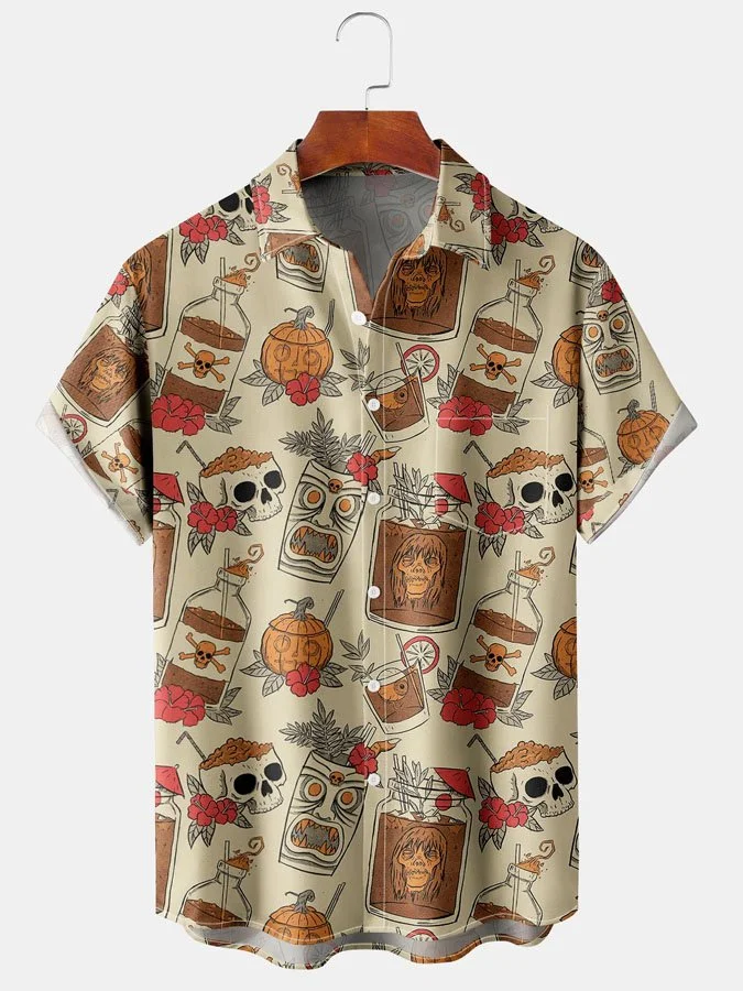 Men's Retro Skull Print Casual Breathable Hawaiian Short Sleeve Shirt