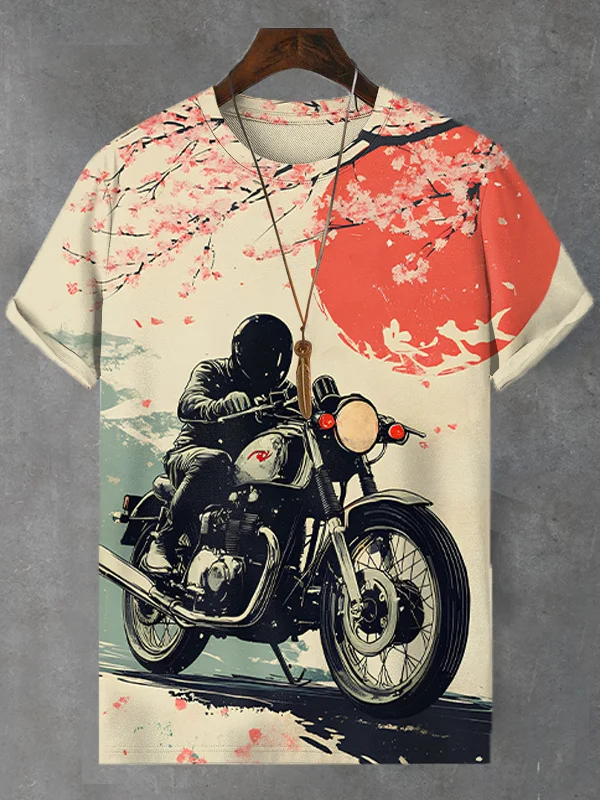 Men's Japanese Cherry Blossom Motorcycle Printed Casual T-Shirt