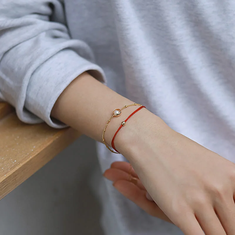 Luck Red String 14K Gold Plated Pearl Bead Double Layer Bracelet
