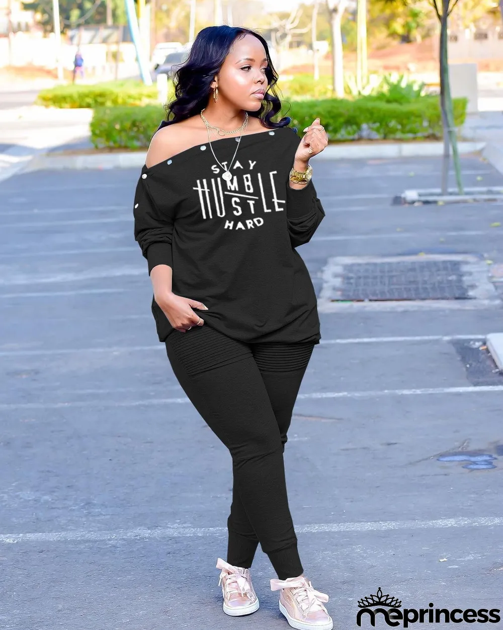Plus Size Letter Slash Neck Long Sleeve 2 Piece Sets