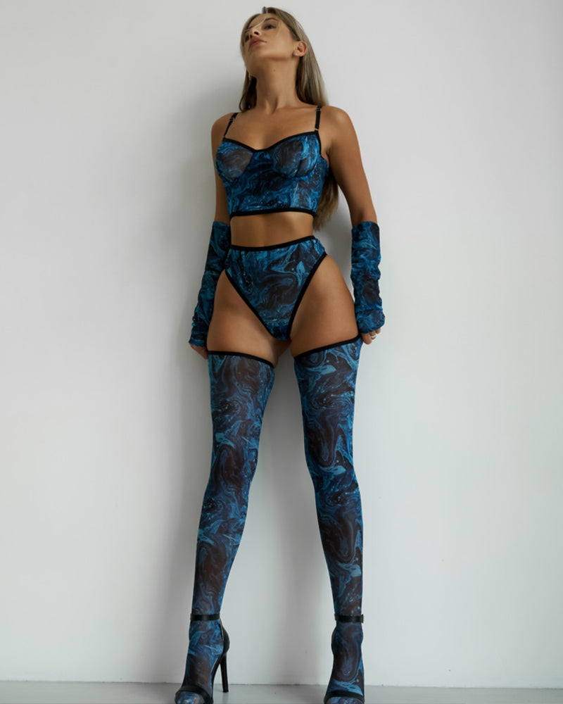 Lovingerie - Watercolor Mesh Lingerie Set with Gloves and Hold-Ups