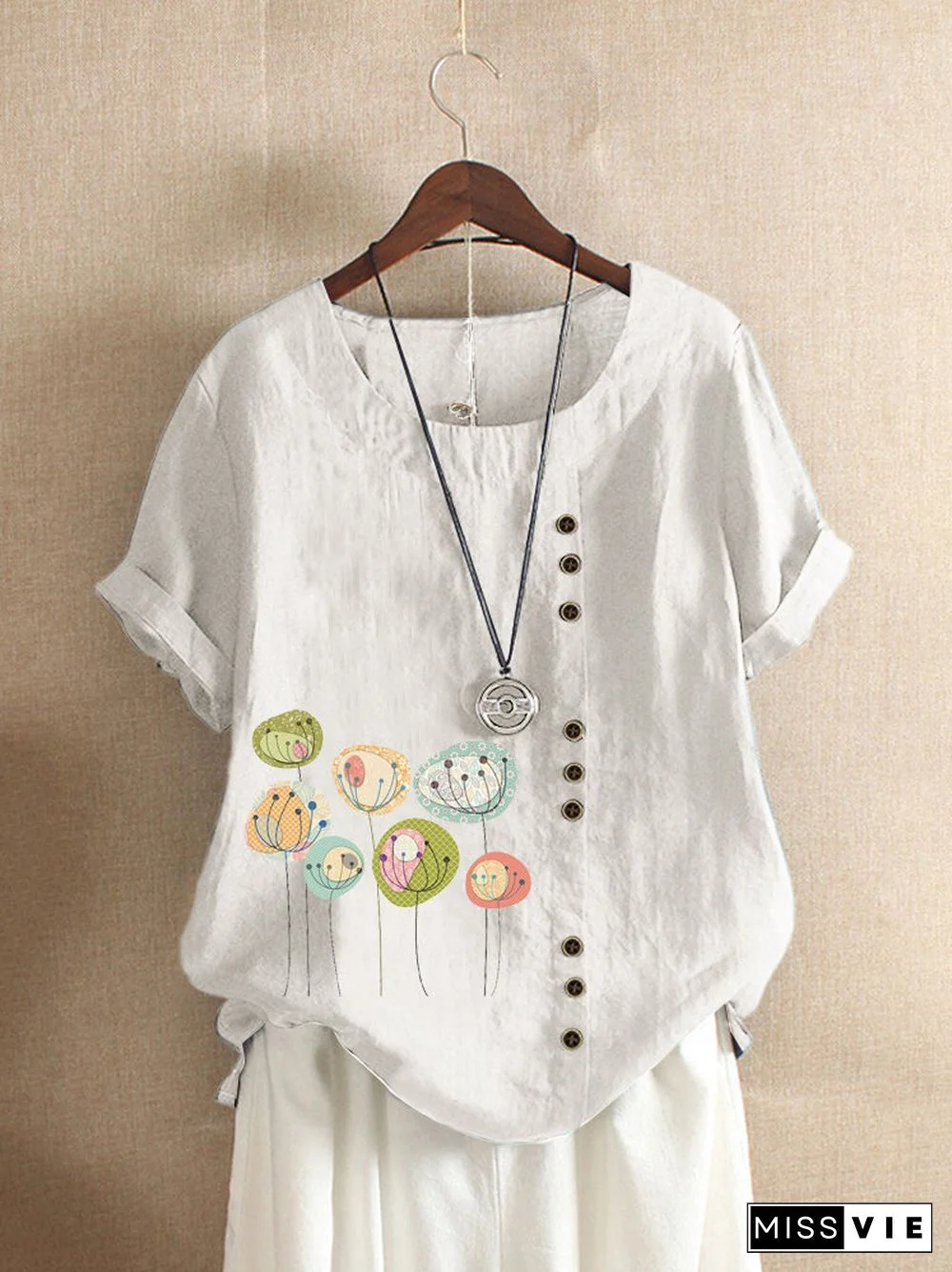 Button Cartoon Floral Print Short Sleeve Casual T shirt P1509230