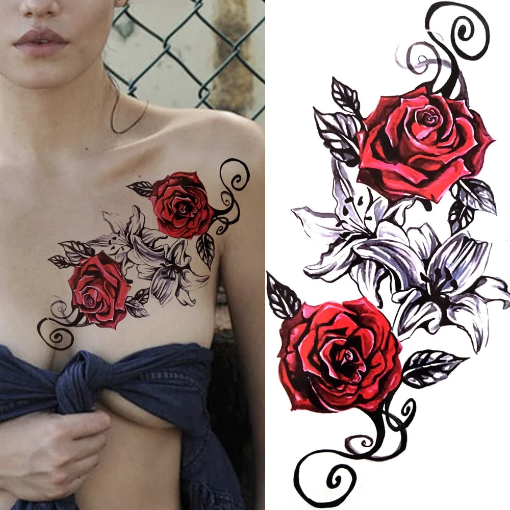 Fake Flower Rose Temporary Tattoos For Women Girl Peony Daisy Deer Moon Tattoos Sticker Black Cluster Body Art Painting Tatoos
