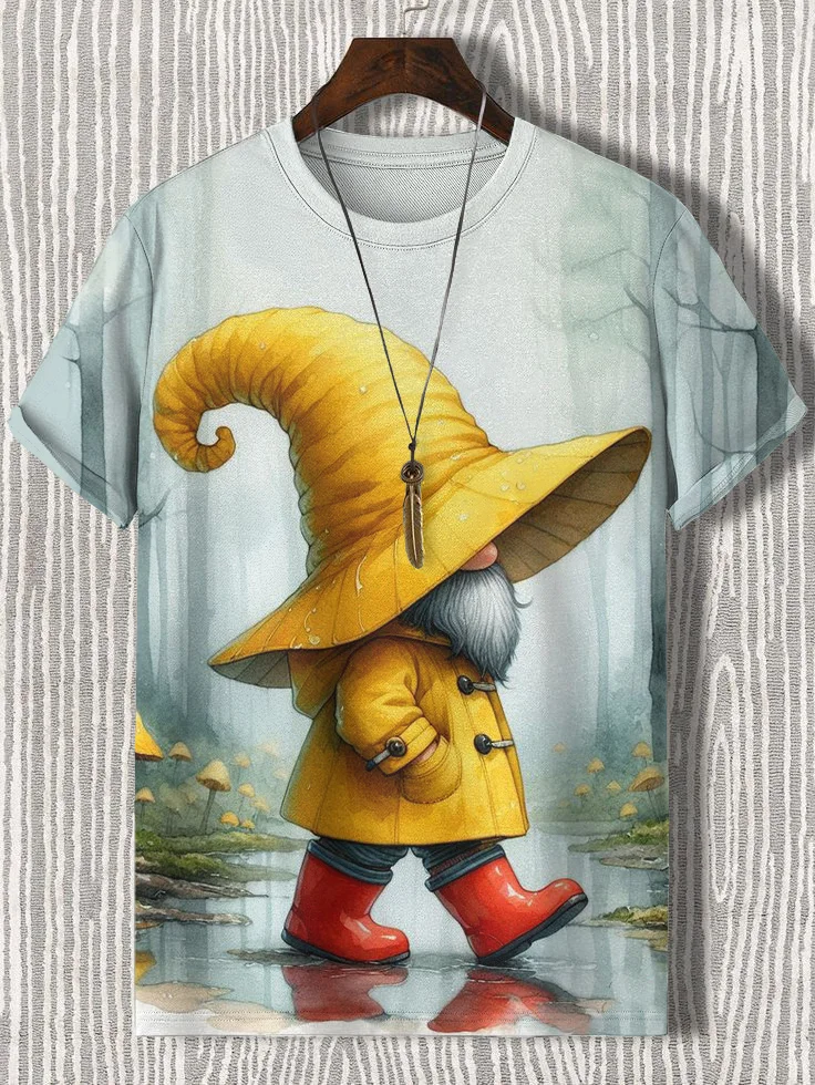 Men's Rainy Day Gnome Fun Art Print T-Shirt