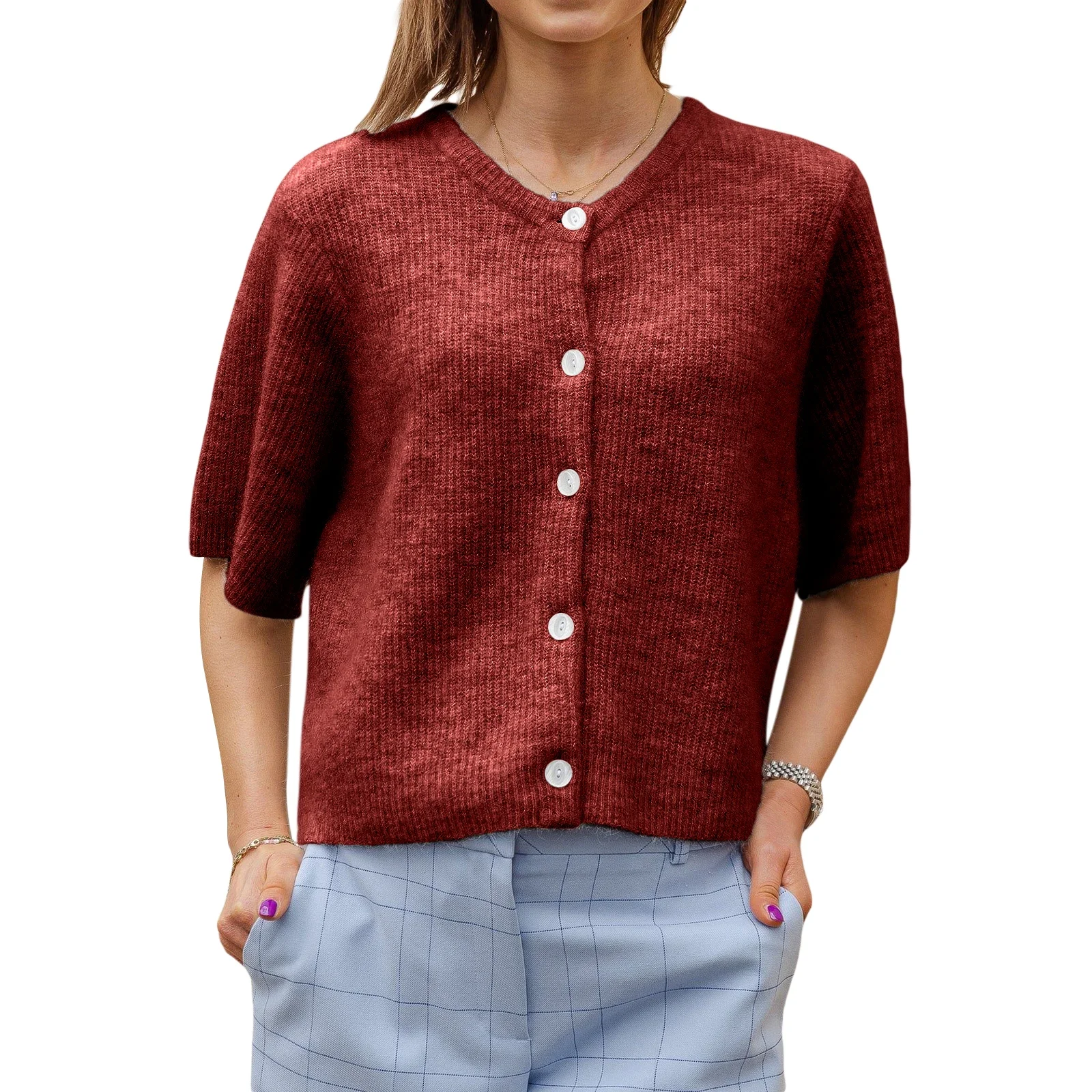 Karastik costumes for adult women Women's Solid Color Cardigan Short Sleeve Round Neck Button Down Sweater Knit Tops