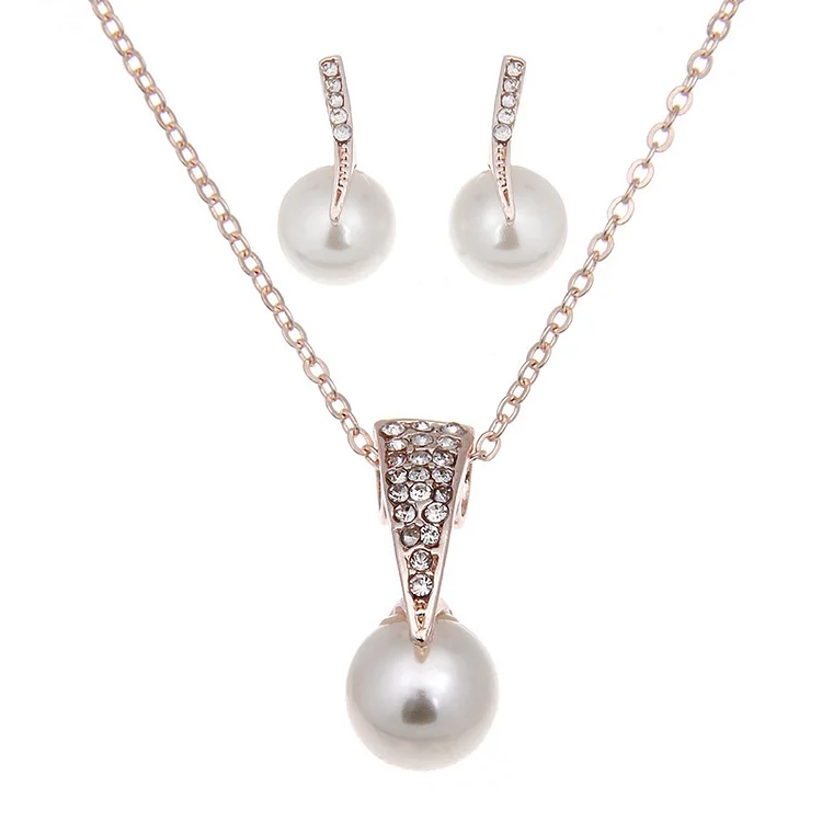 Rhinestone Pearl Earrings Necklace Set