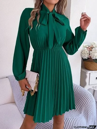Tie Neck Balloon Sleeve Pleated Dress