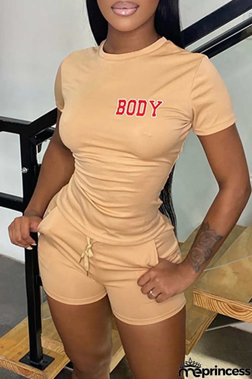 Black Fashion Casual Letter Print Basic O Neck Short Sleeve Two Pieces