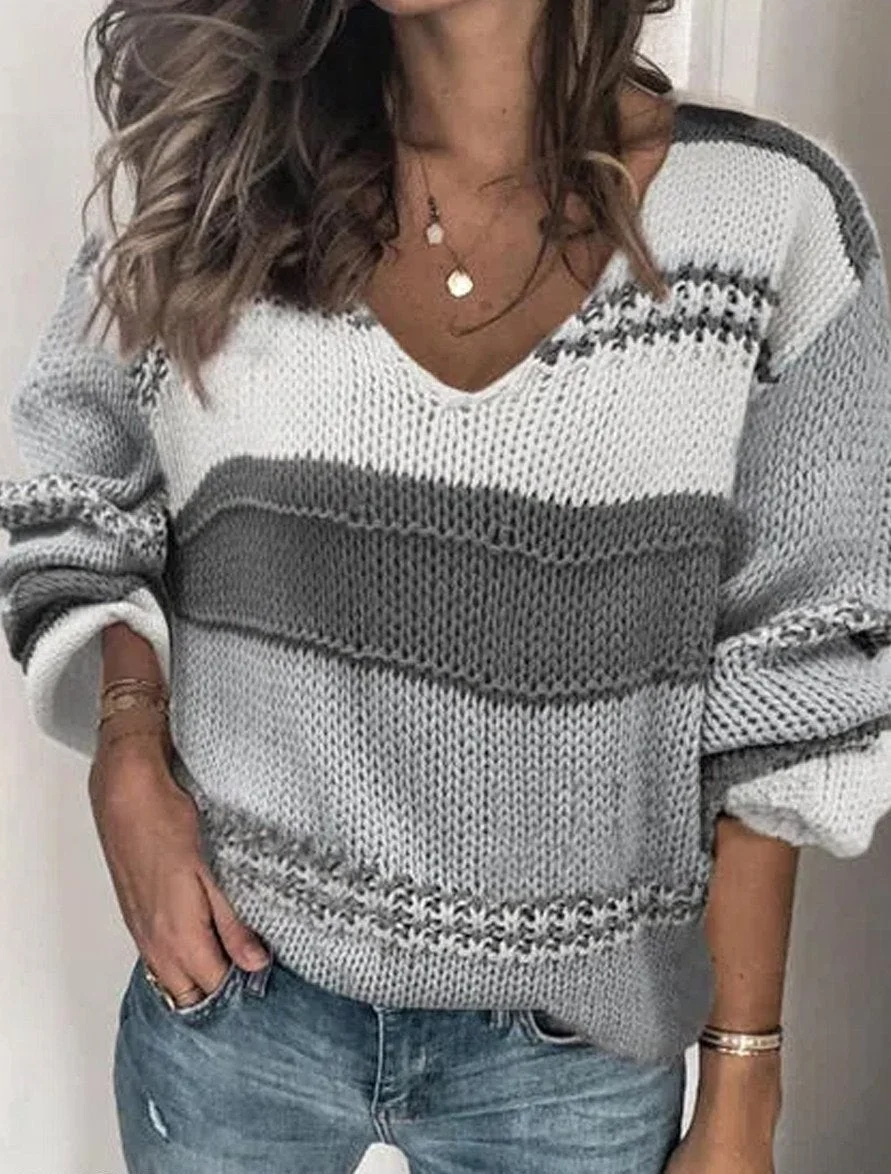 V-Neck Striped Casual Knit Pullover