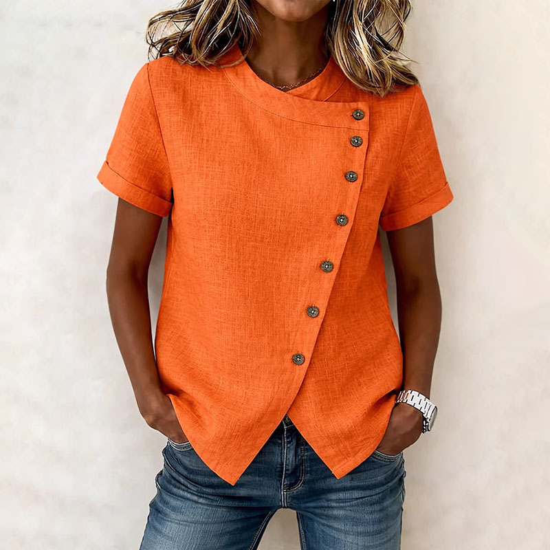 Women's Solid Color Button-down Cotton Linen Short-sleeve Shirt elevenforest
