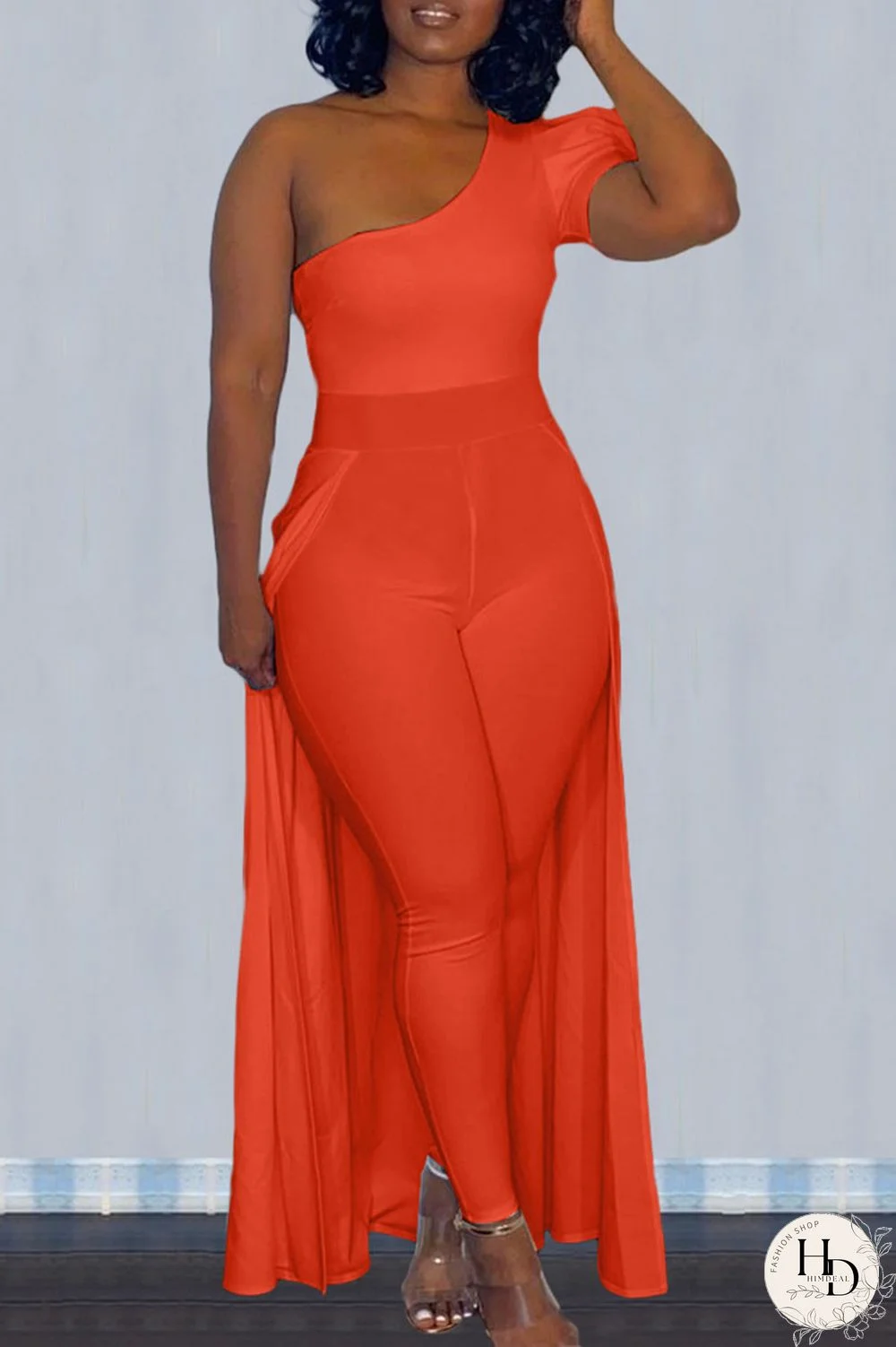 Tangerine Casual Solid Patchwork Asymmetrical Oblique Collar Skinny Jumpsuits