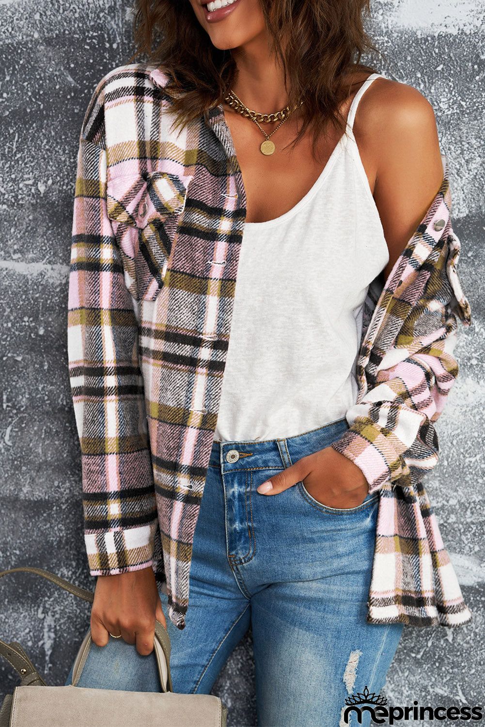 Womens Pink Plaid Shirt Shacket