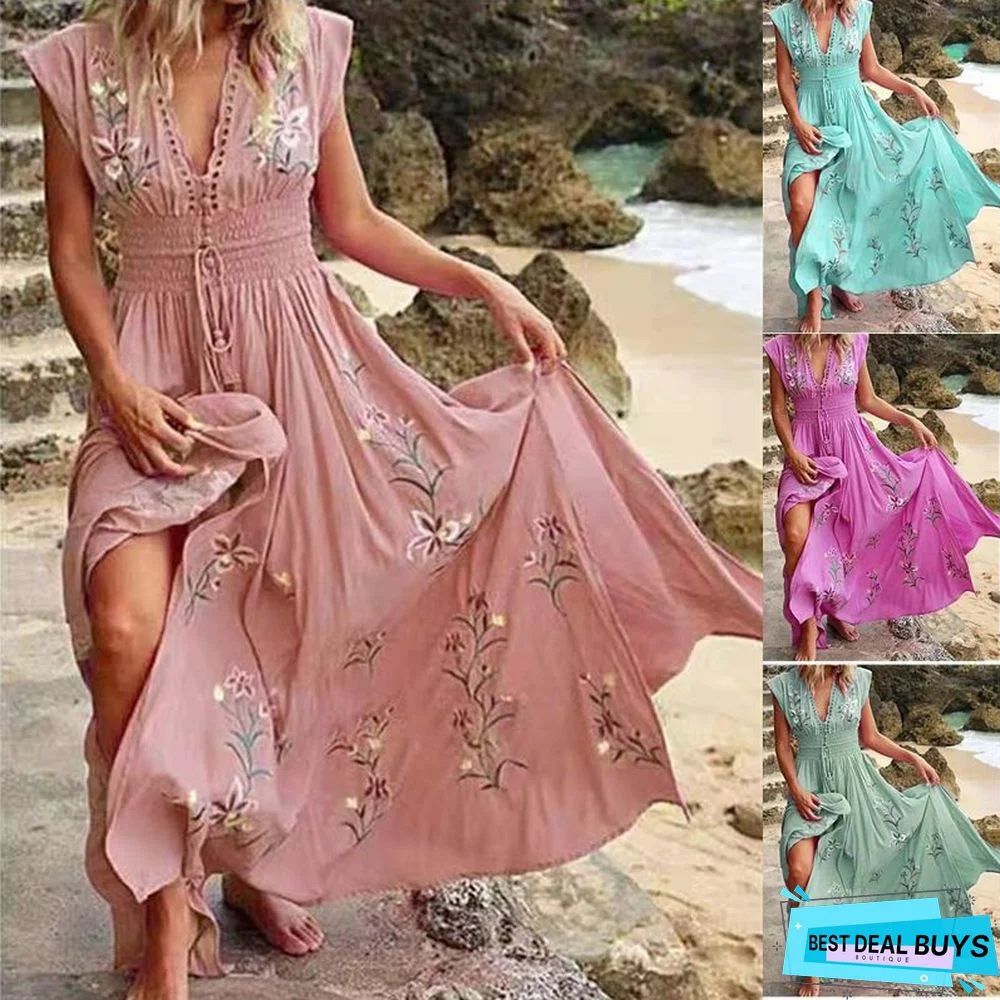 Women's V-Neck French Beach Bohemian Print Dress