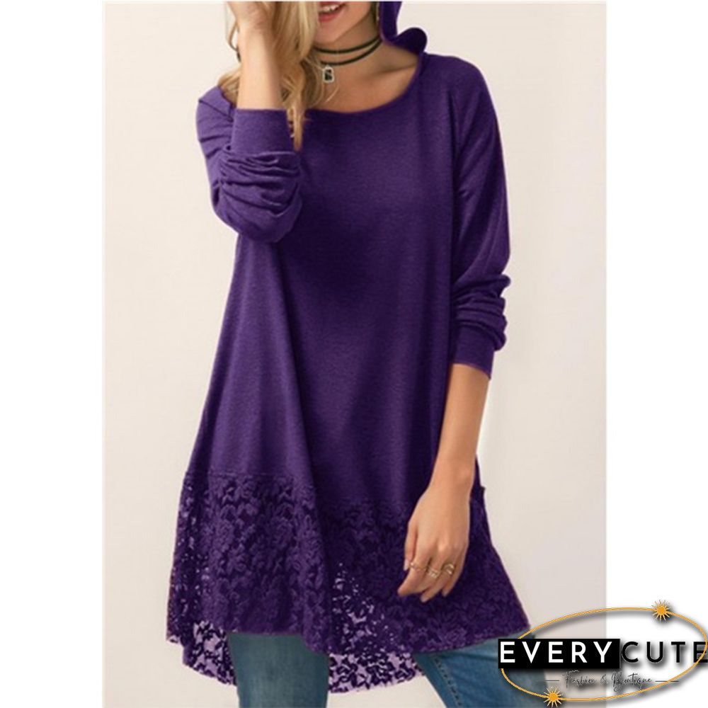 Women Fashion Solid Color Hoodies Long Sleeved T-shirt Autumn Lace Hooded Sweater Plus Size