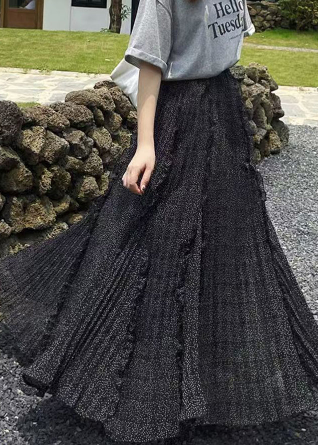 VCSHOES Loose Black Ruffled Print Chiffon A Line Skirts Fall