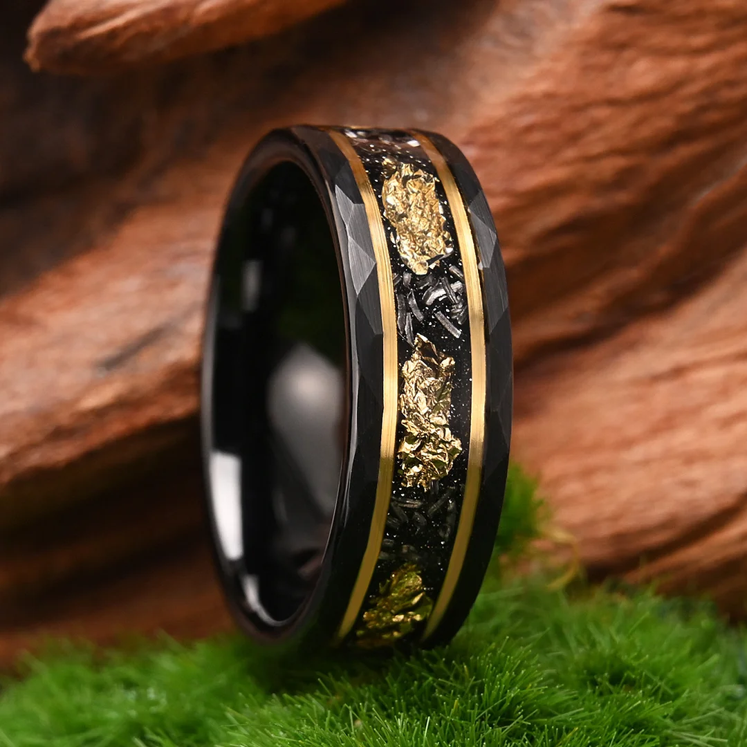 6MM 8MM Tungsten Carbide Wedding Rings Meteorite-set Gold Plate Flat Hammered Electrode Black Ring For Women And Men