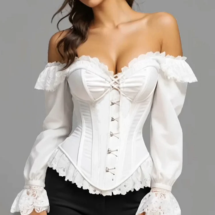 Retro Off Shoulder Ruffled Strappy Long Sleeve Corset Blouse